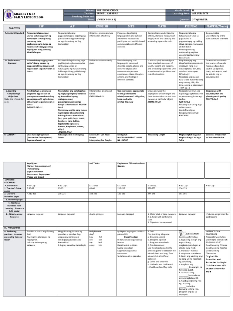 Grade 2 Daily Lesson Log Overview | PDF