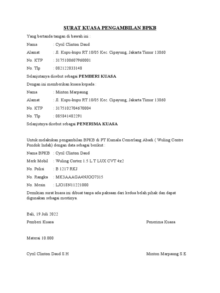 Surat Kuasa Pengambilan BPKB Wuling | PDF
