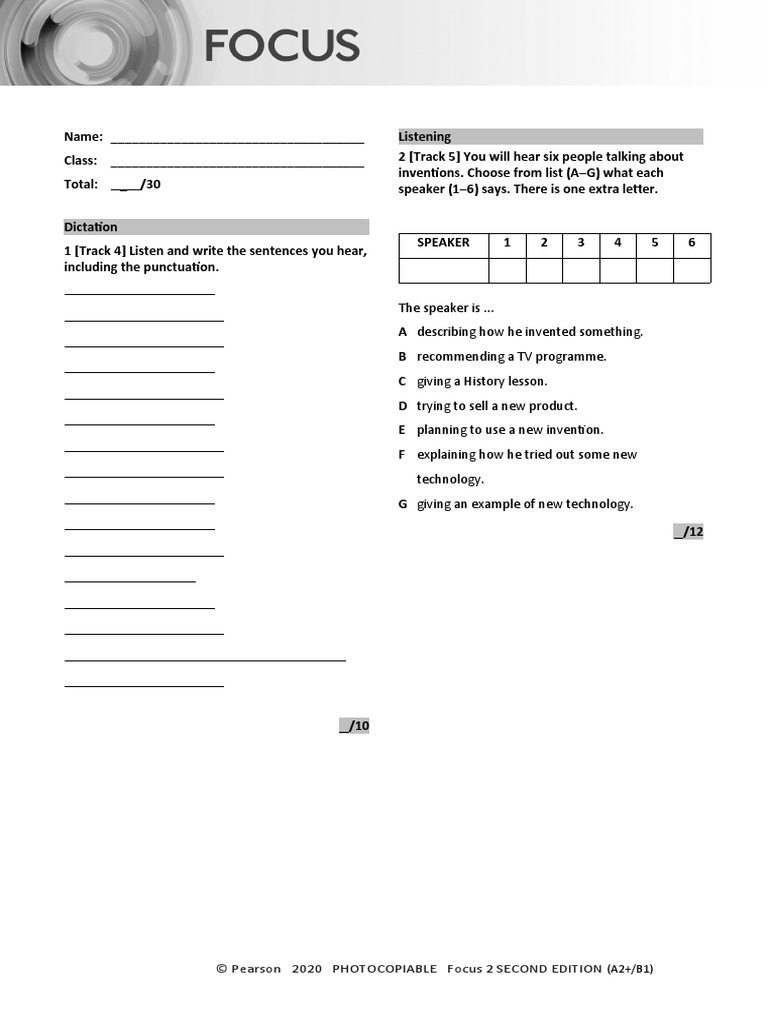 Focus2 2E Unit Test Dictation Listening Reading Unit2 GroupA | PDF ...