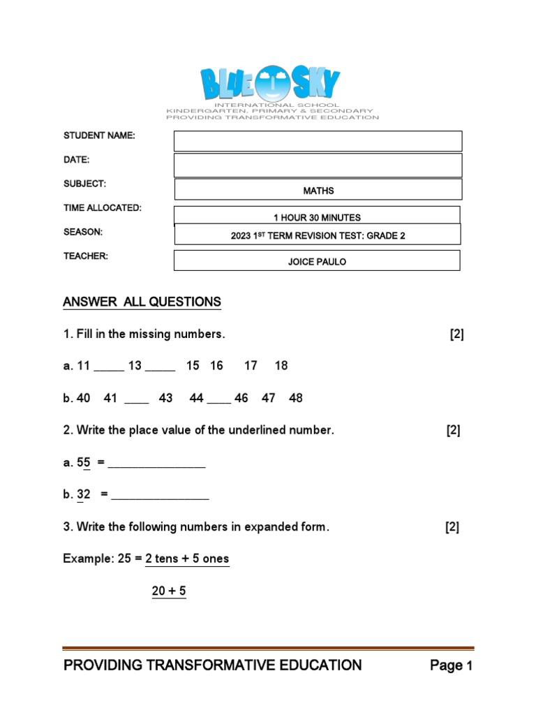 Grade 2 Maths Revision Test 2023 | PDF