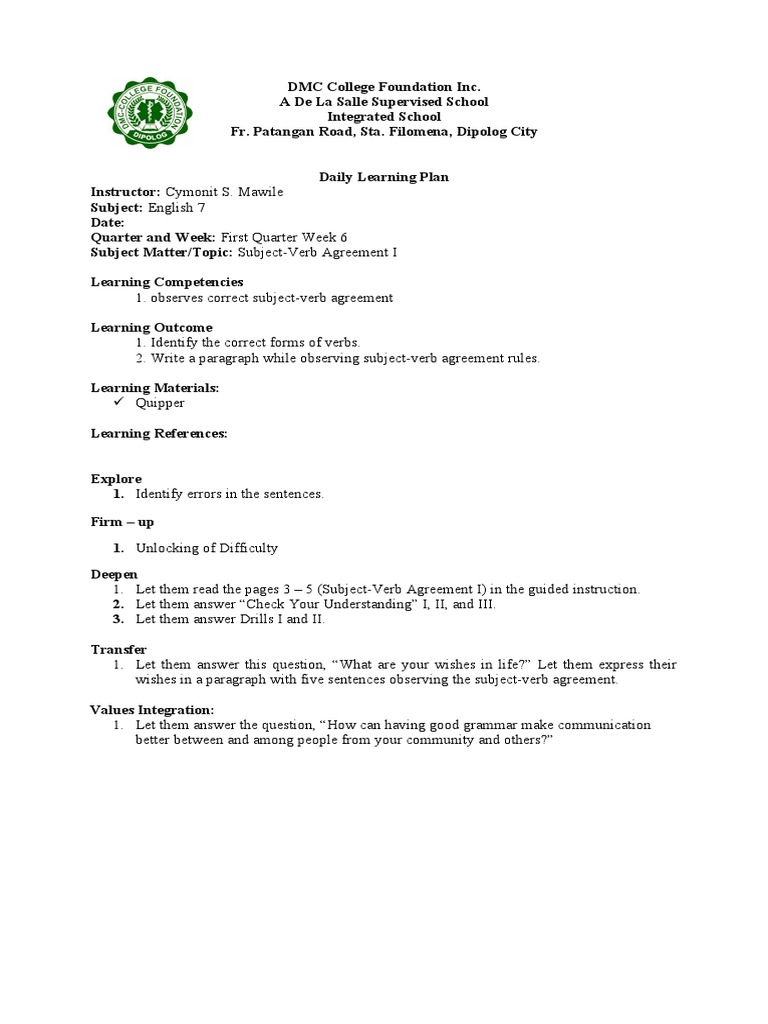 Dmc college foundation daily learning plans pdf verb subject
