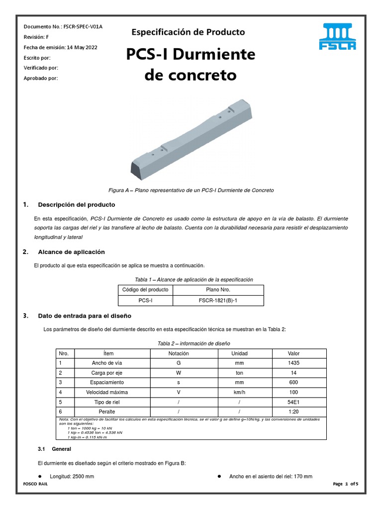 ES-FSCR-SPEC-V01A PCS-I Durmiente de Concreto | PDF | Hormigón | Cemento