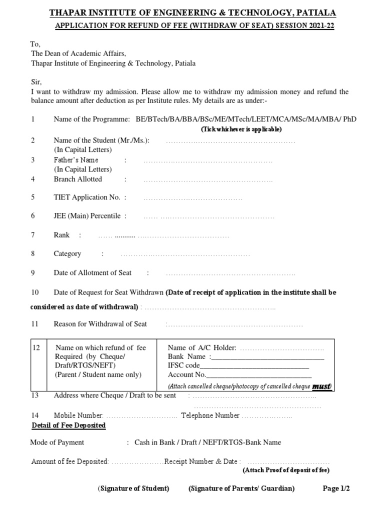 Thapar Institute Fee Refund Application | PDF | Cheque | Service Industries