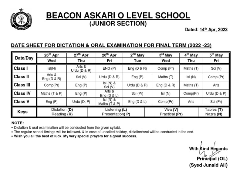 Final Term Dictation & Oral Exam Schedule | PDF