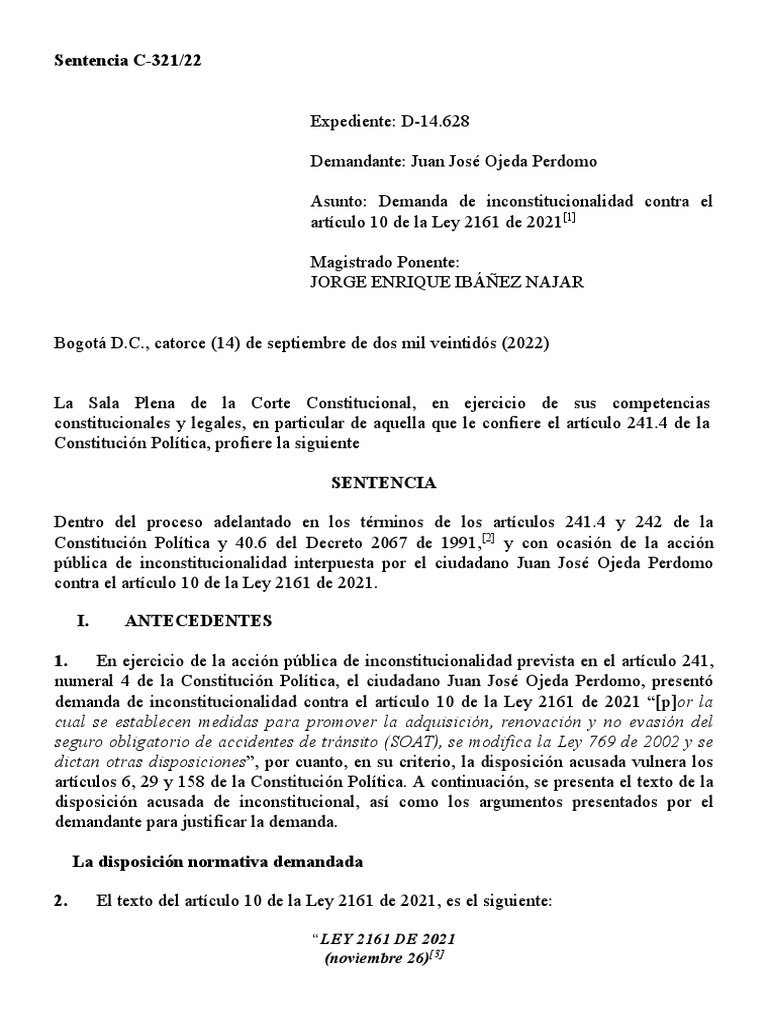 Sentencia C-321/22: "LEY 2161 DE 2021 | PDF | Seguro de vehículo