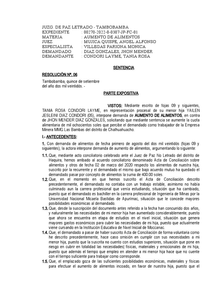 Sentencia Aumento de Ali | PDF | Pensión alimenticia | Costo de la vida