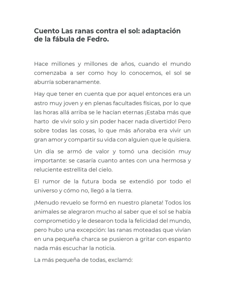 Cuento Las Ranas Contra El Sol: Adaptación de La Fábula de Fedro | PDF ...