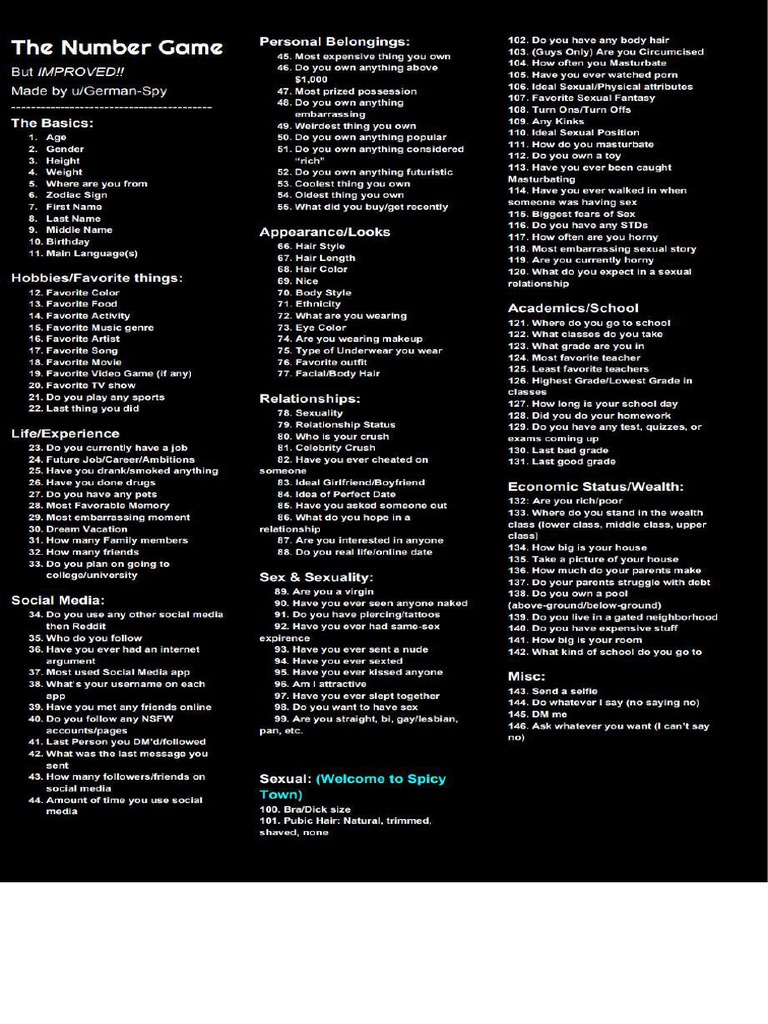 NSFW Number Game Questionnaire | PDF | Sexology | Sexual Reproduction