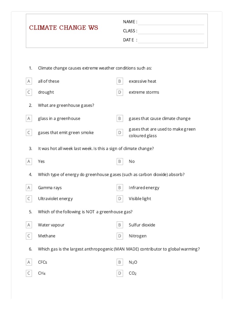 Climate Change Worksheet for Grade 7 | PDF | Greenhouse Effect ...