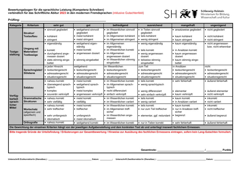 englisch befriedigend 2023 - ENG - KF + PF - Bewertungsbogen - SCHREIBEN - Mit Gutachtenfeld