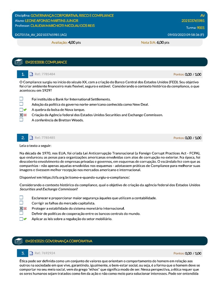 Governanca Corporativa Risco e Compliance - Av | PDF