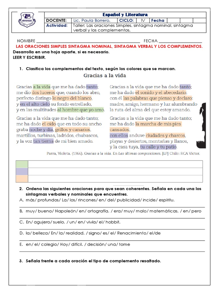 Taller El Oraciones Simples Ciclo Iv | PDF