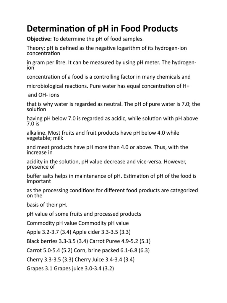 Determination of PH in Food Products PDF Ph Chemistry