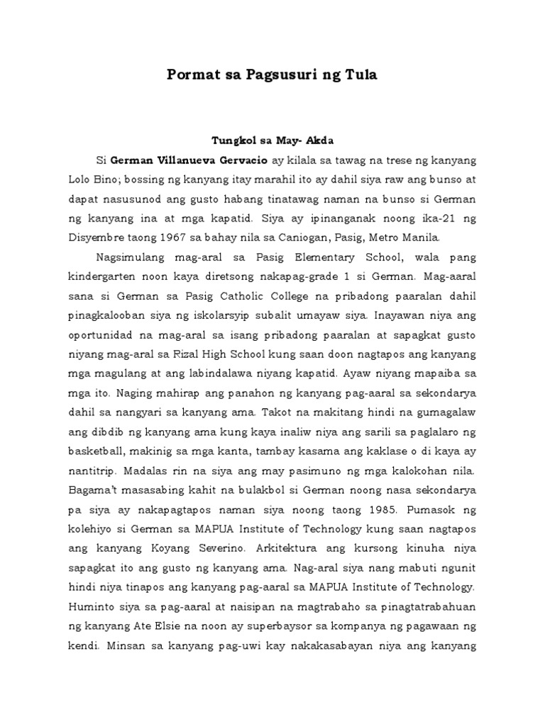 Pagsusuri Ng Tula Aralin (Ikaanim Na Linggo) Pagsusuri Sa Nilalaman