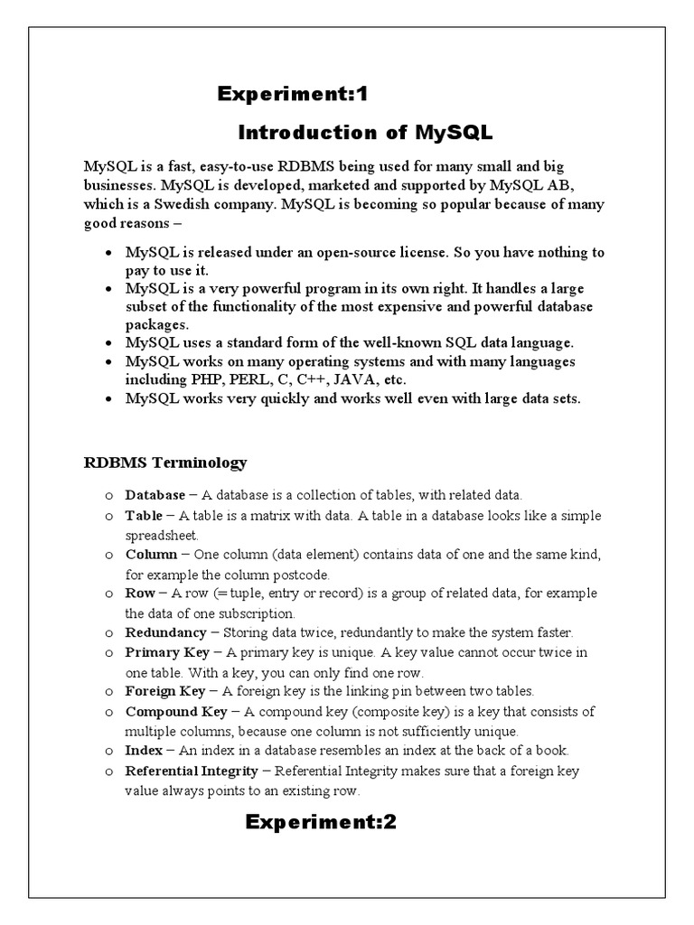Introduction to MySQL Database and Basic Commands | PDF | Relational ...