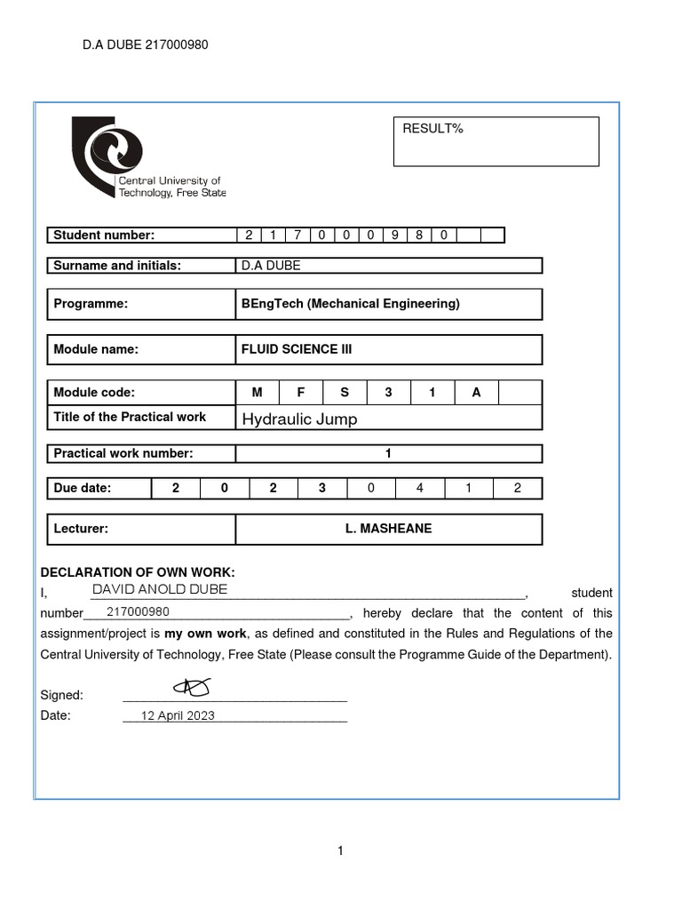Hydraulic Jump Experiment Results PDF Physical Phenomena Process