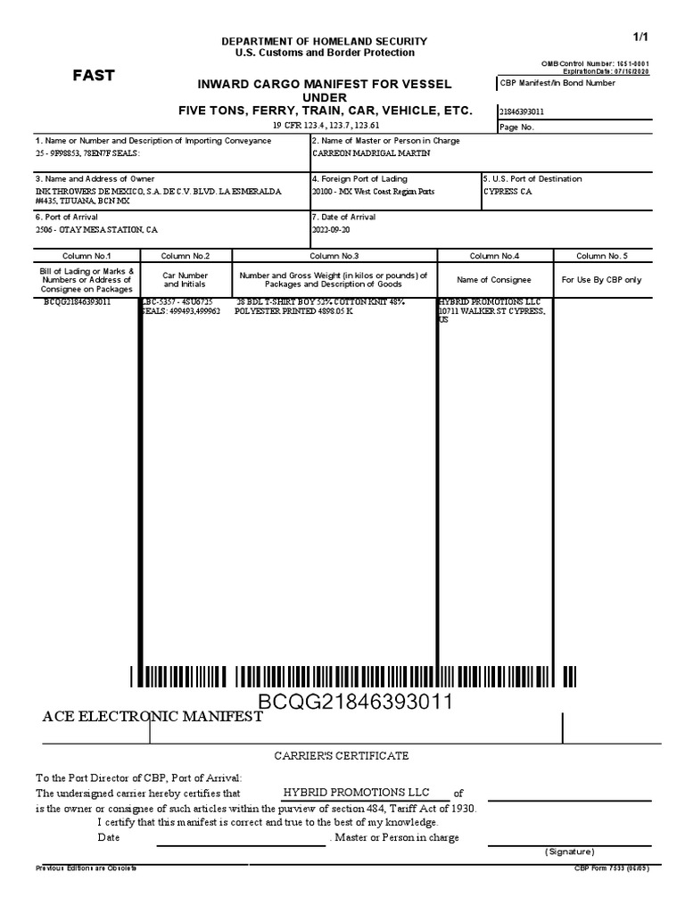 Inward cargo manifest for vessel under five tons ferry train car
