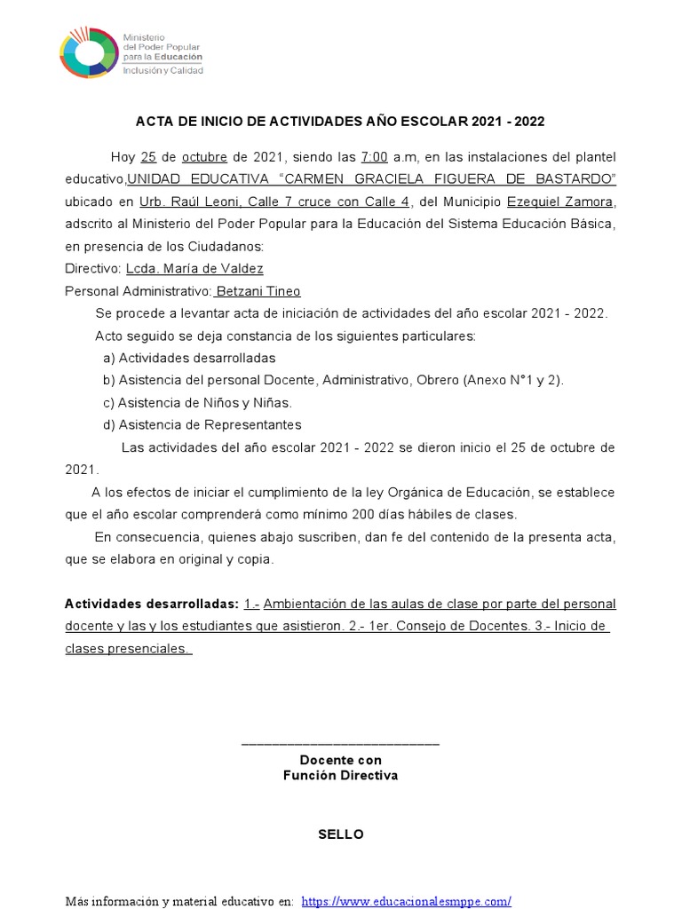 Acta de Inicio Año Escolar 2021-2022 | PDF