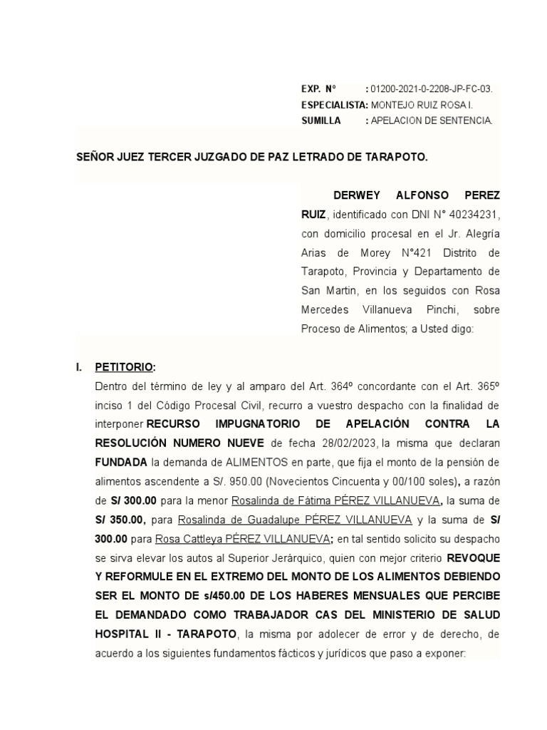 Apelacion A Sentencia de Alimentos PDF Debido al proceso Pensión