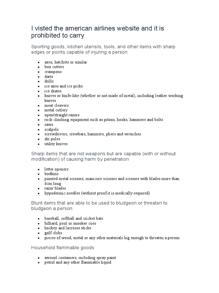 I Visted The American Airlines site and It Is Prohibited To Carry