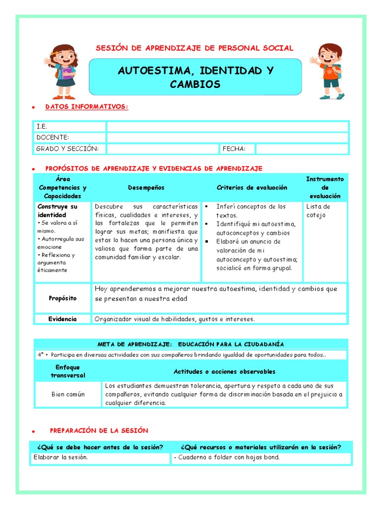 Sesión de Aprendizaje: Autoestima y Identidad | PDF | Aprendizaje ...