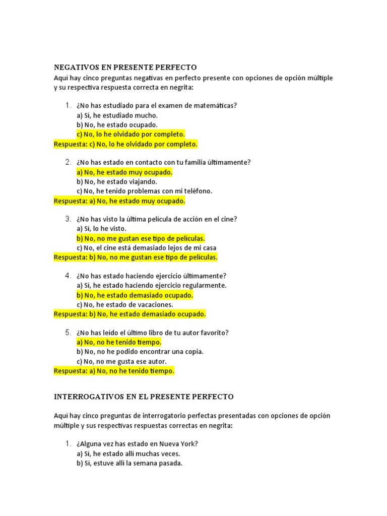 NEGATIVOS EN PRESENTE PERFECTO - Español | PDF