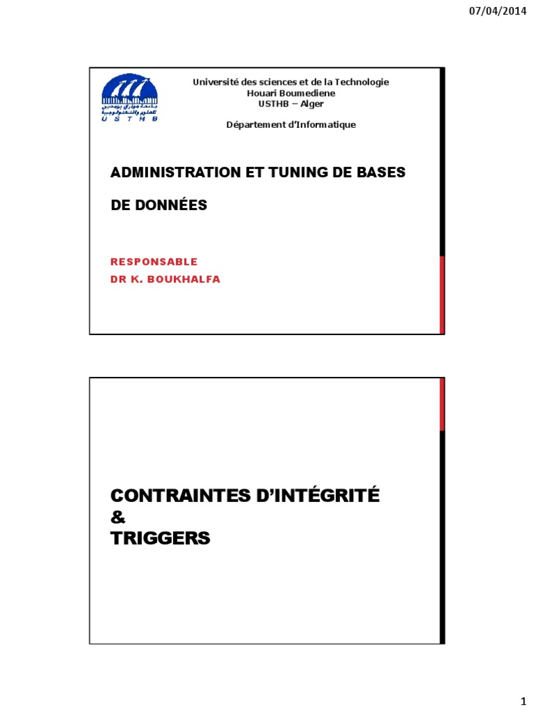 Contraintes d'intégrité et triggers SQL | PDF | SQL | Bases de données