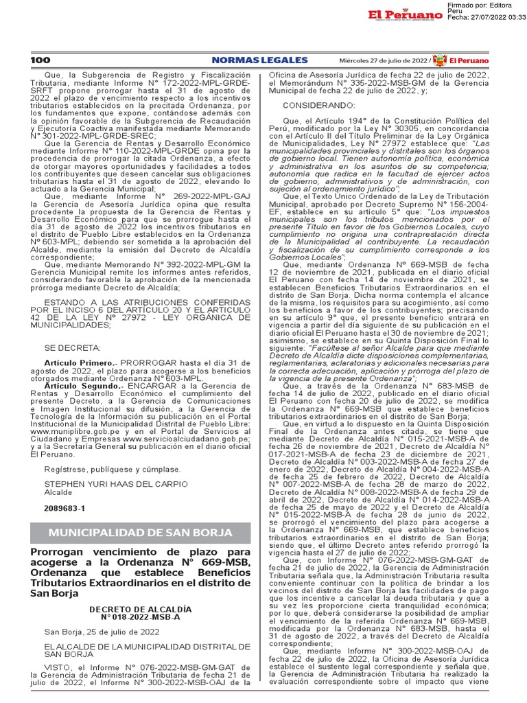 4.10 Prorroga de La Ordenanza #669-MSB - 2023-DA N°018-2022-MSB-A - Se ...