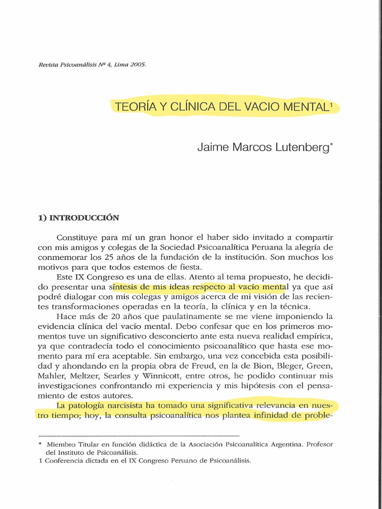 Teoría y Clínica Del Vacío Mental. Lutenberg - 4 - VACIO MENTAL | PDF