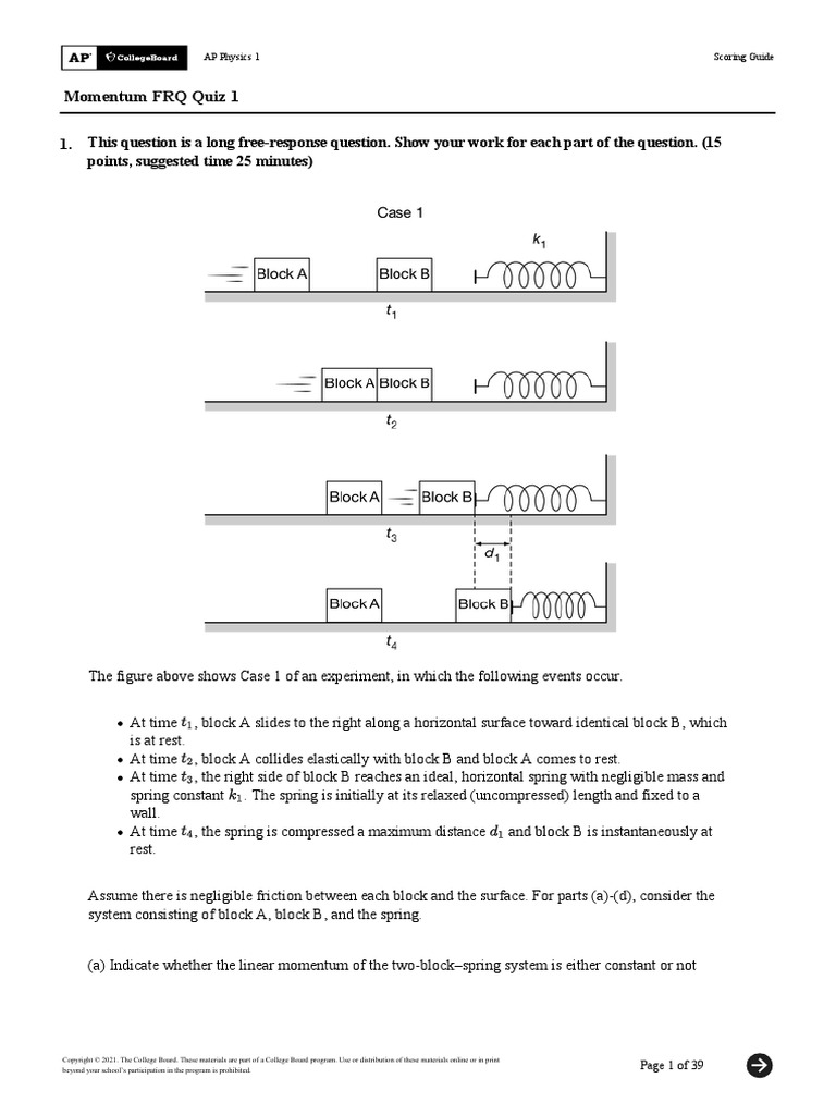 AP Physics 1 05MomentumFRQ Quiz1 Key Download Free PDF Collision