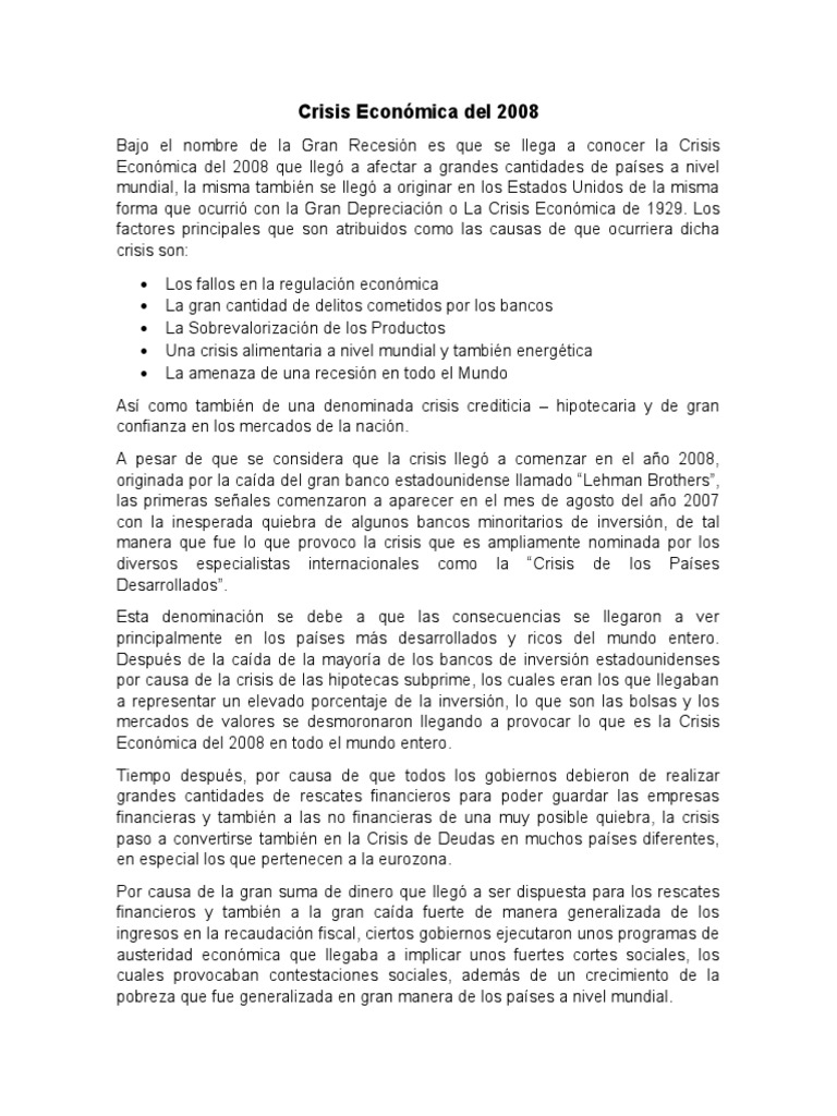 Crisis Económica Del 2008 | PDF | Gran Recesión | Crisis de las ...