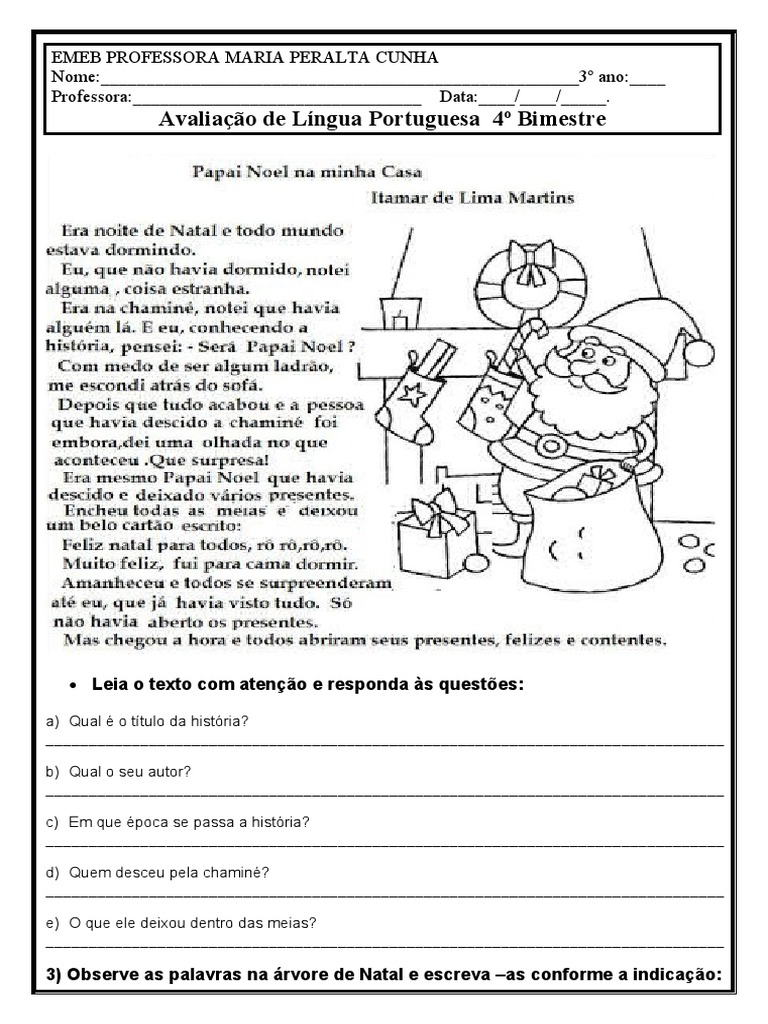 Avaliação de Português 4º Bimestre 3º Ano | PDF | Carreira e Crescimento