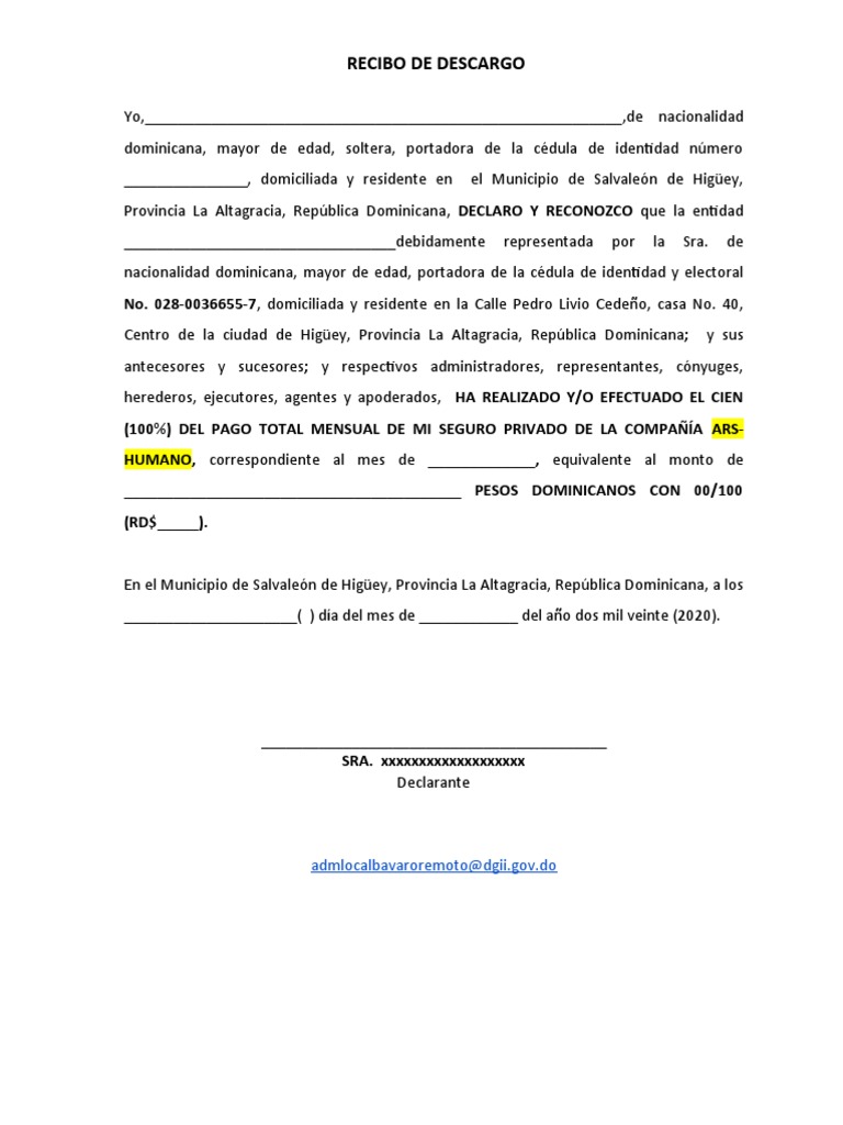 Primer Modelo. Recibo de Descargo | PDF