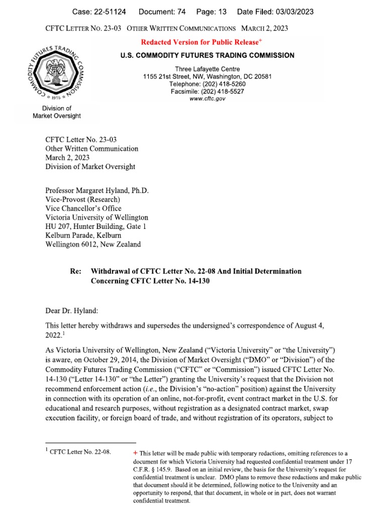 CFTC Letter To Victoria University | PDF