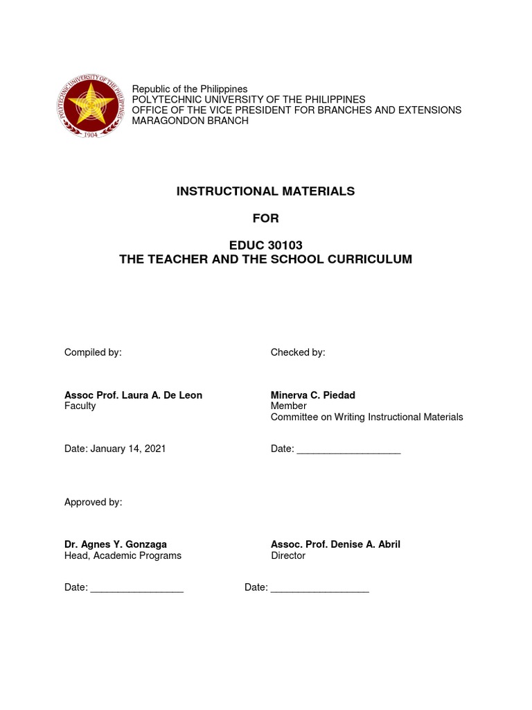 Instructional Materials FOR EDUC 30103 The Teacher and The School