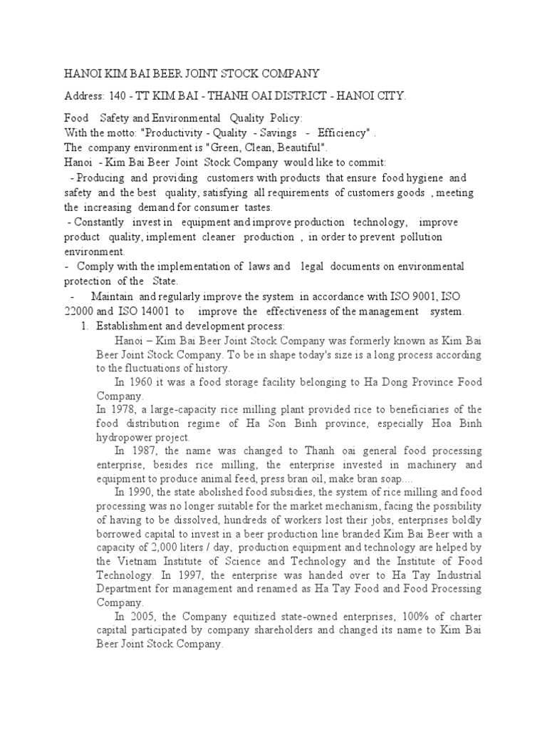 HANOI KIM BAI BEER JOINT STOCK COMPANY Engsub PDF Hanoi Joint