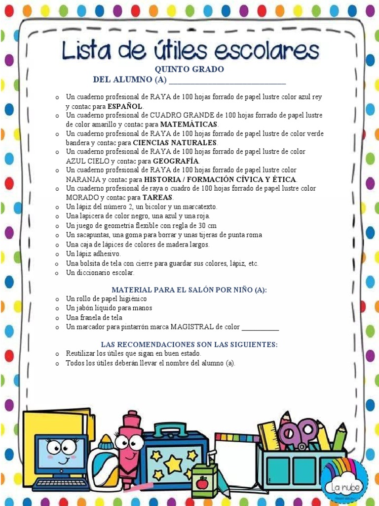 Lista de Útiles Escolares 20222023 QUINTO GRADO PDF
