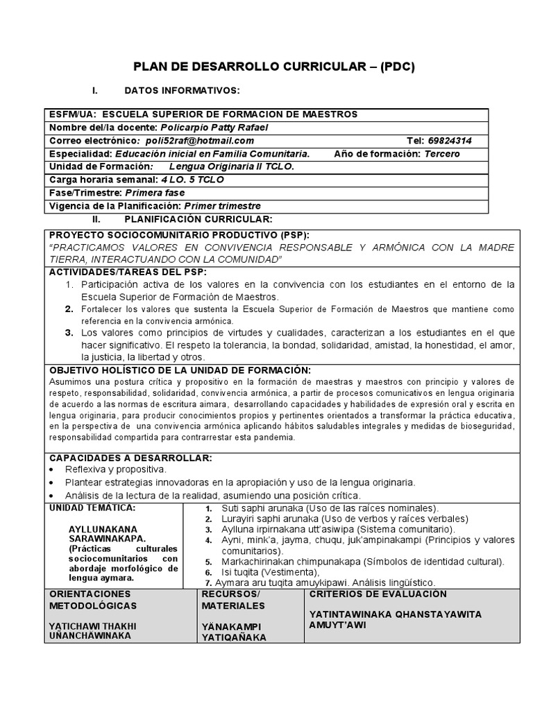 Plan de Desarrollo Curricular - (PDC) | PDF | Educación de la primera ...