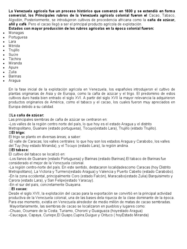 Rubros Del Período Colonial | PDF | Venezuela | Agricultura