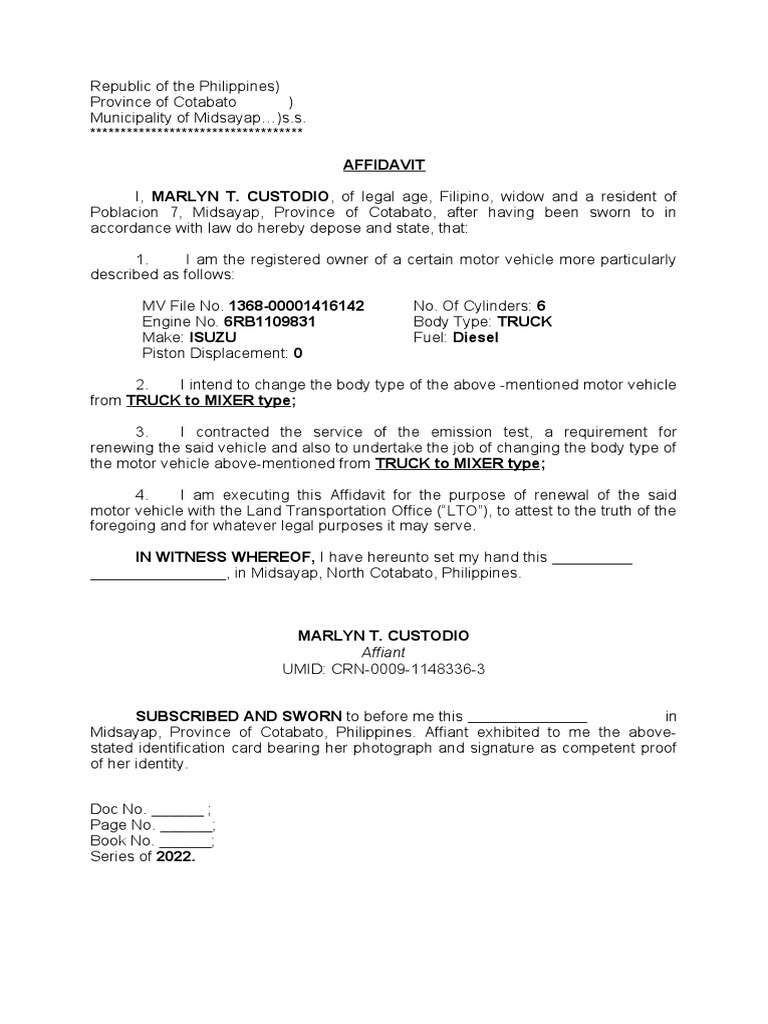 Affidavit - Change of Body Type (Vehicle) | PDF