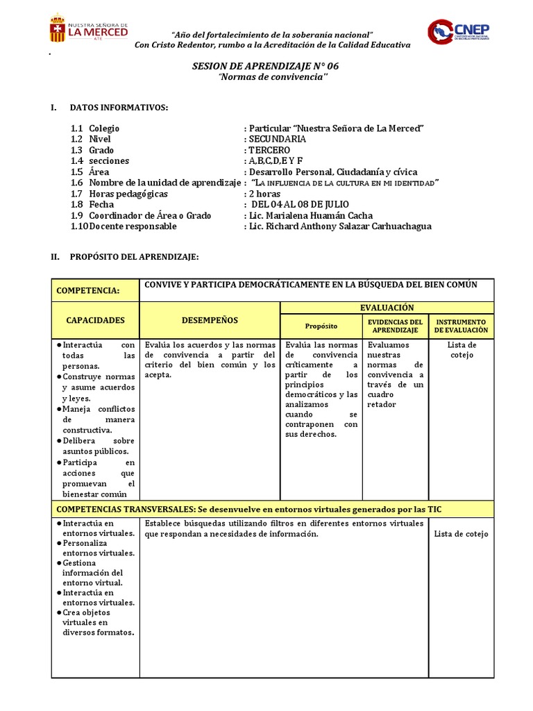 06 - SESION - DE - APRENDIZAJE - 2022 - Normas de Convivencia | PDF ...
