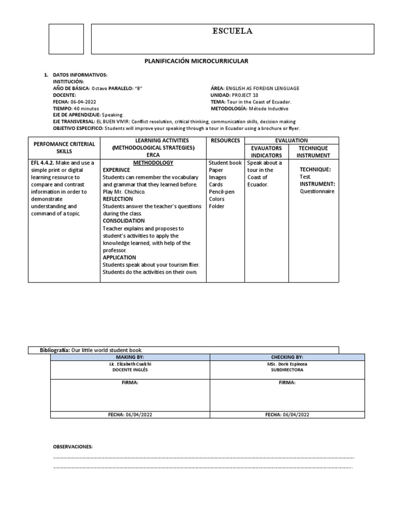 PLAN DE CLASE DEMOSTRATIVA INGLÉS BÁSICA SUPERIOR 8vo BB | PDF ...
