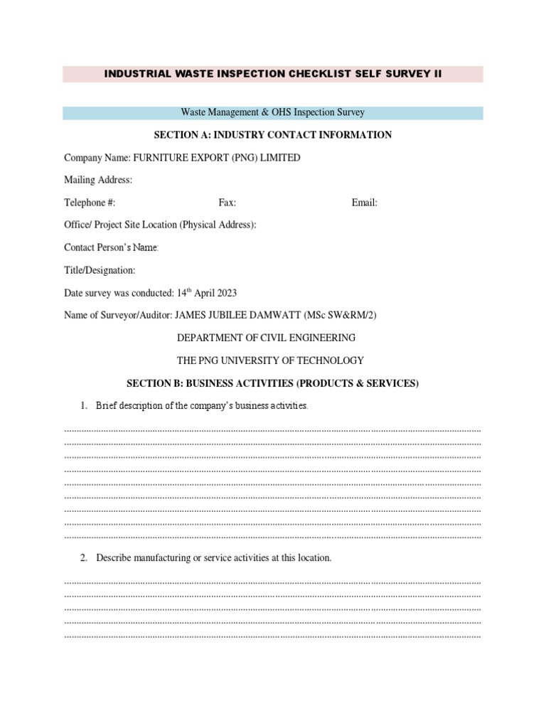 Industrial Waste Inspection Checklist Self Survey Ii 124743 PDF