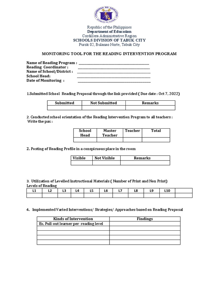 Monitoring tool for reading program pdf learning cognition