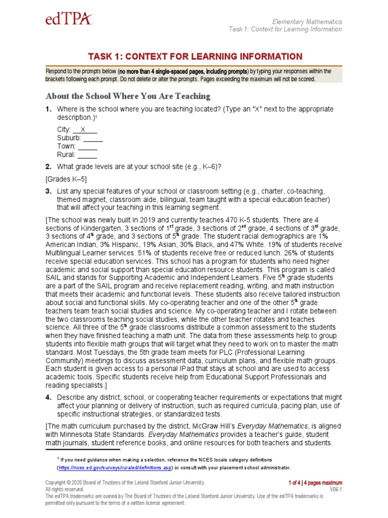 Edtpa Elm Context For Learning Download Free PDF Individualized