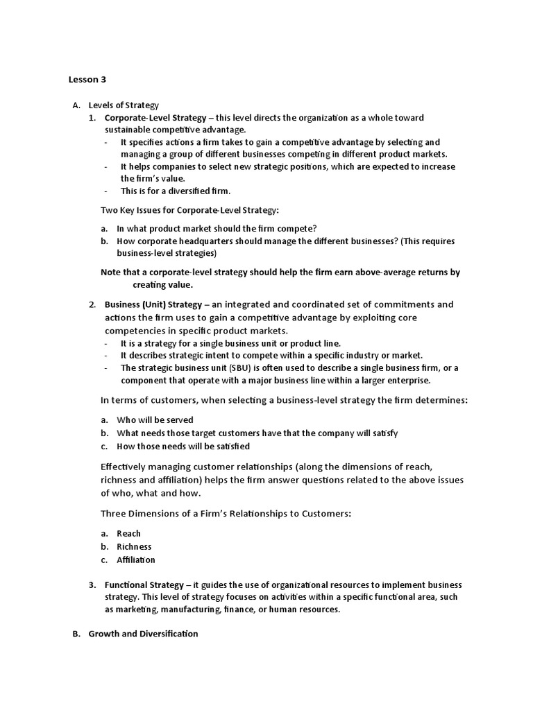 Lesson 3 note that a corporate level strategy should help the firm