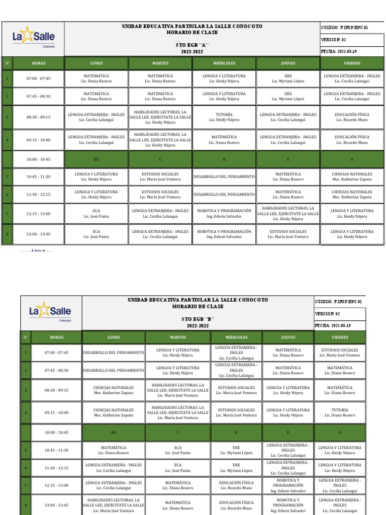 Horario de Clases La Salle Conocoto | PDF | Idiomas del Reino Unido