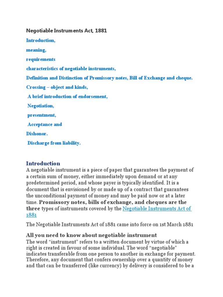 Overview of Negotiable Instruments Act | PDF | Negotiable Instrument ...