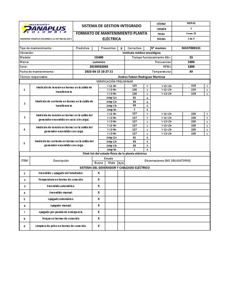 Mantenimiento Planta Eléctrica Cummins | PDF | Bienes manufacturados ...