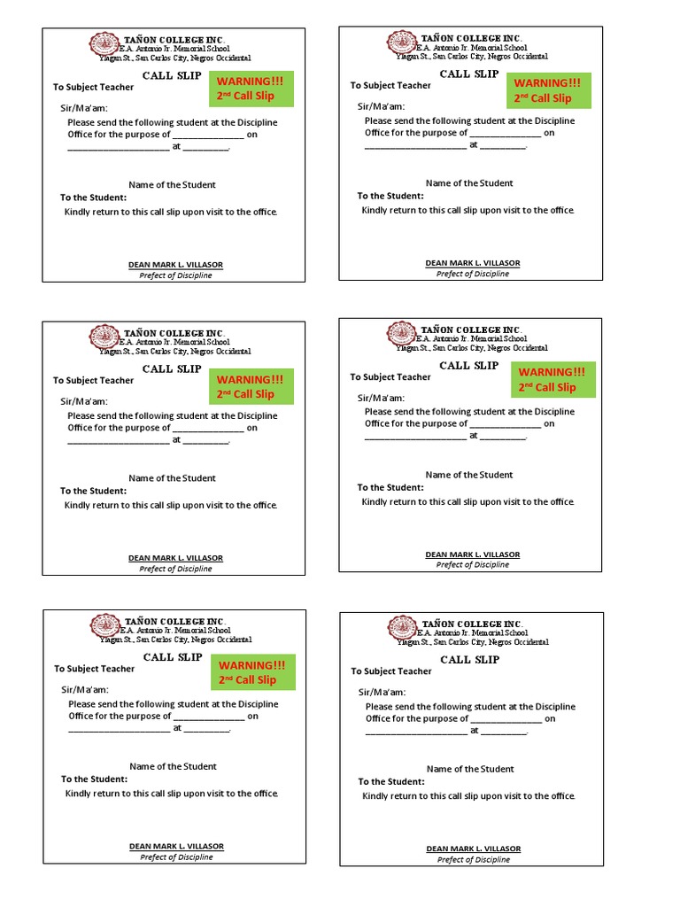 Student Call Slip Template | PDF | Language Arts & Discipline | Wellness